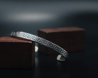 Oxidized Sterling Silver Greek Meander Bracelet - Handmade Ancient Design