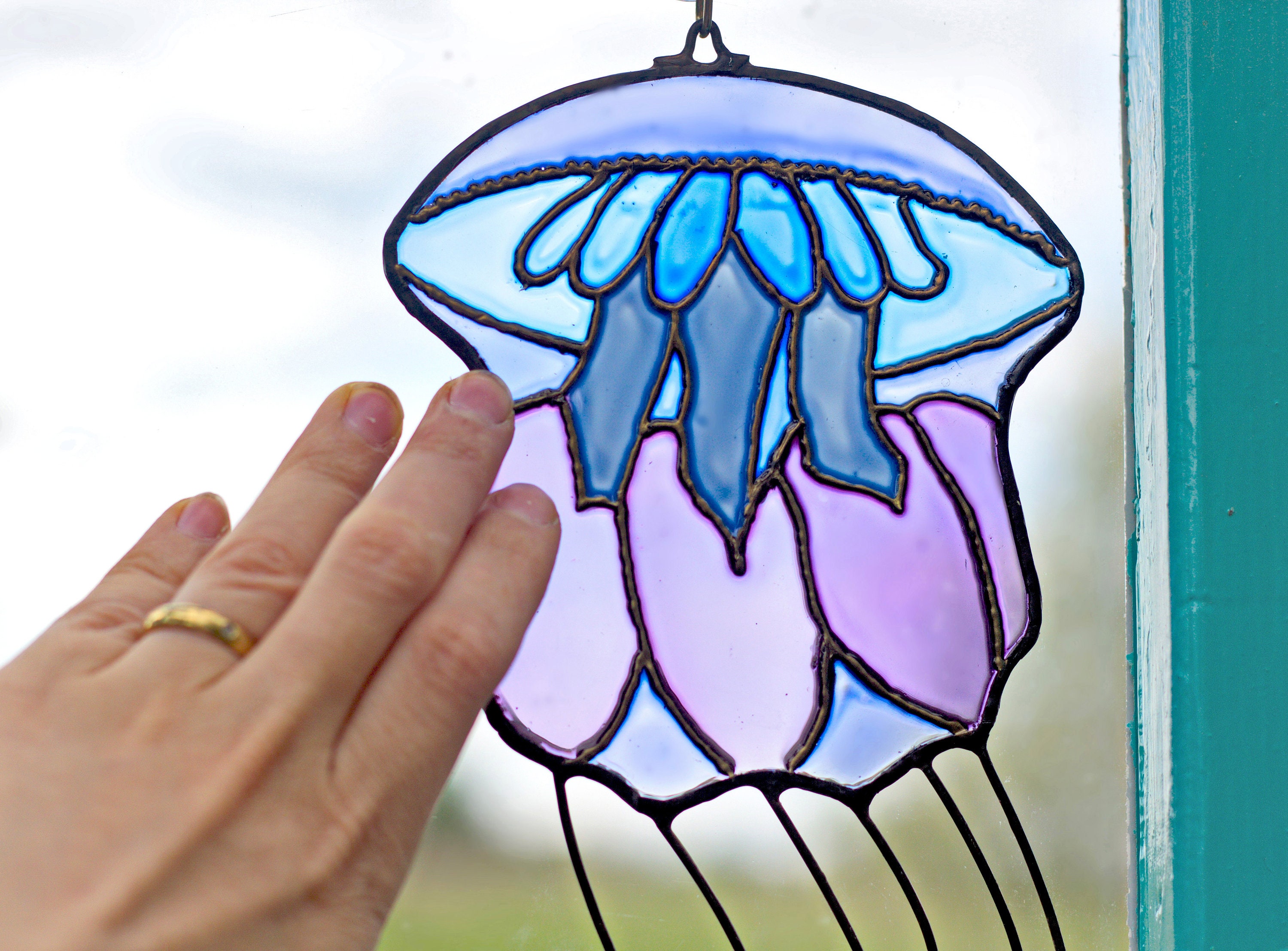Jellyfish Stained Glass Decor Jellyfish Suncatcher Coastal | Etsy