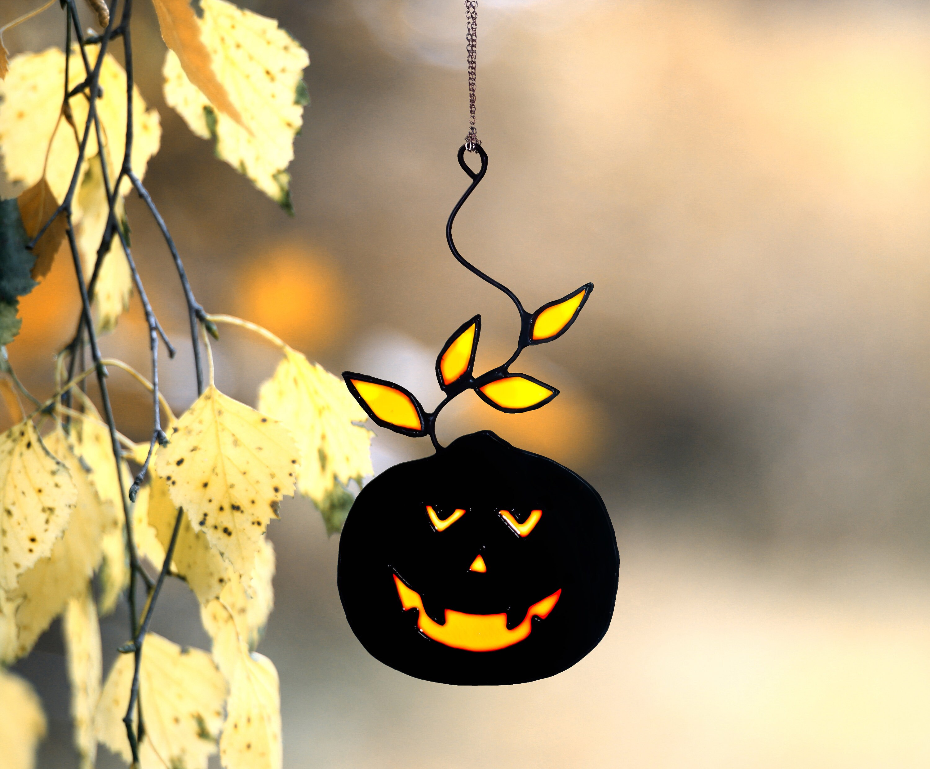 Black pumpkins stained glass Halloween suncatcher for windows | Etsy