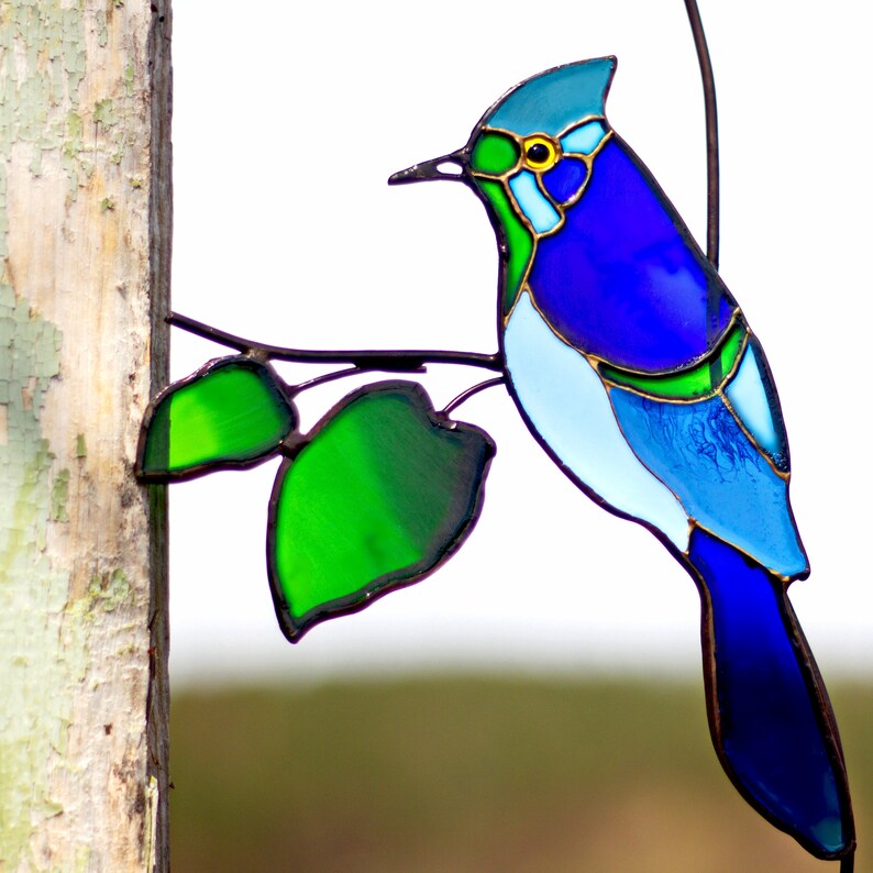 Suncatcher blue jay stained glass Blue jay decor stained glass Etsy