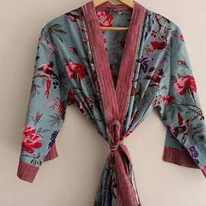 Long Cotton Kimono, Handmade Bird print Cover up Bath Robes,Beach Wear Dress Plus Size Robes/ Wedding/ Bridal Robe/ Bridesmaids/ Sleepwear
