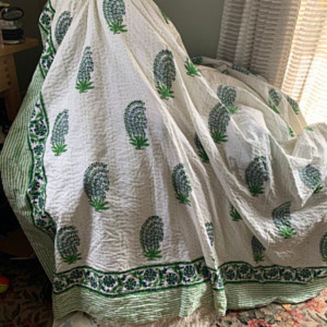 Green & White Kantha Quilt Kantha Bedspread Bedding Throw | Etsy