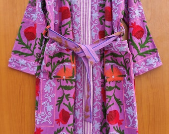 Suzani Kimono Indian Hand Embroidery Robe, Cotton Autumn Winter, Woman Floral Jacket, Dressing Gown Winter Bathrobe Luxury Special Gift