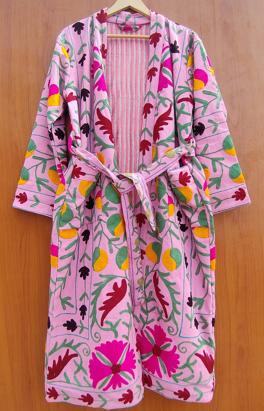 Kumani Robe Suzani Hand Embroidered Long Kimono Robes Indian Handmade Women Night ...