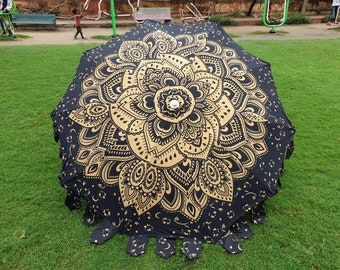 Indian Handmade Cotton Umbrella Outdoor Sun Shade Umbrella For Summer Floral Printed Garden Parasols Golden Umbrella For Beach And Patio