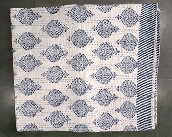 Indische Handblock Kantha Quilt, 100% Baumwolle Kantha Tagesdecke, Kalifornische Queen Size Weicher Baumwollbettbezug, handgemachte Kantha Tröster