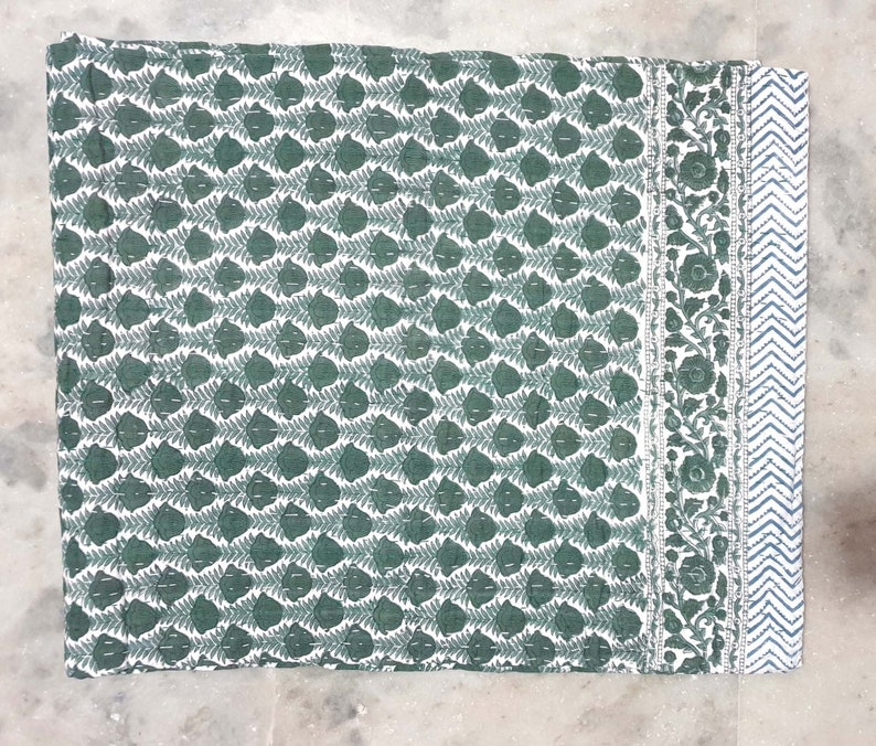 Indian Hand Block Cotton Kantha Print Quilt – King Size 90x108, Green Handmade Bedspread