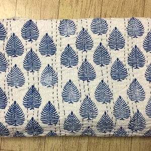 Indian Cotton Hand Block Kantha Quilt, 100% Pure Cotton Hand Made Leaf Print Blue Bedspread, Cotton Kantha Bed Cover, Block Print Quilt