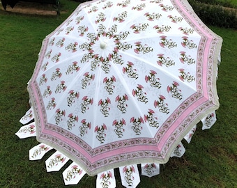 Indian Garden Umbrella Pink Floral Patio Parasol Block Printed Large Umbrella Beach Cafe Outdoor Umbrella White Hand Block  Art Umbrella