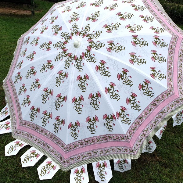 Indian Garden Umbrella Pink Floral Patio Parasol Block Printed Large Umbrella Beach Cafe Outdoor Umbrella White Hand Block  Art Umbrella