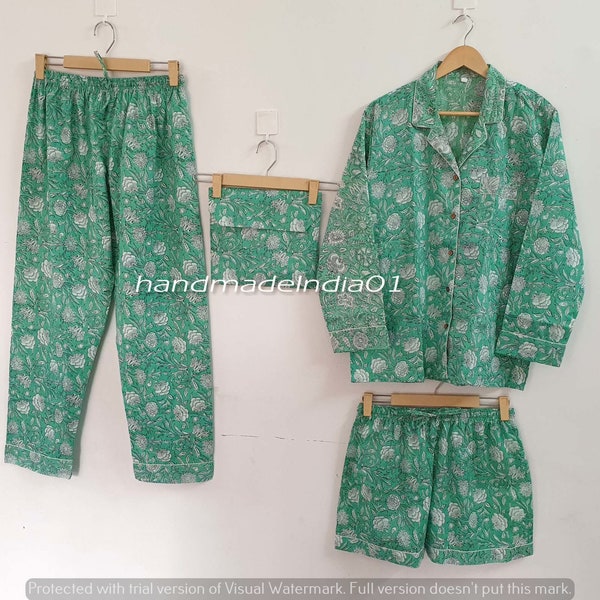 Casual night dress with hot pant Indian handmade pure cotton night suit dress free size handblock floral printed green nightwear suit nighty