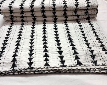 White & Black Bed Cover Indian Block Print Kantha Quilt, 100% Cotton Bedspread, Kantha Bedding Throw, Cotton Kantha Quilt Soft Comforter