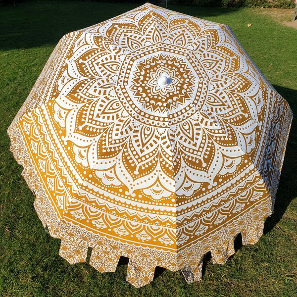 Indian Mandala Cotton Umbrella, Yellow Printed Garden Umbrella, Sun Shade Protection Umbrella, Large Size Patio Parasol, Beach Pool Umbrella