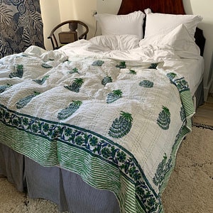 Green & White Kantha Quilt Kantha Bedspread Bedding Throw Block Print Bed Cover Handmade Quilted Bedspreads Home Decor Bedding