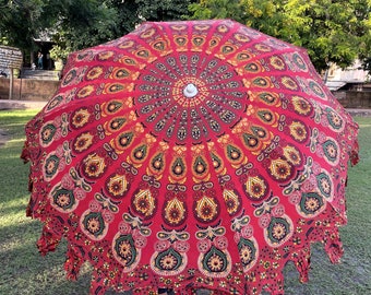 Indischer roter Mandala-Baumwoll-Gartenschirm, Heimdekoration, Terrassenschirm, Sonnenschirm, Strandschirm, Baumwolle, Outdoor-Luxus-Schirmschirme