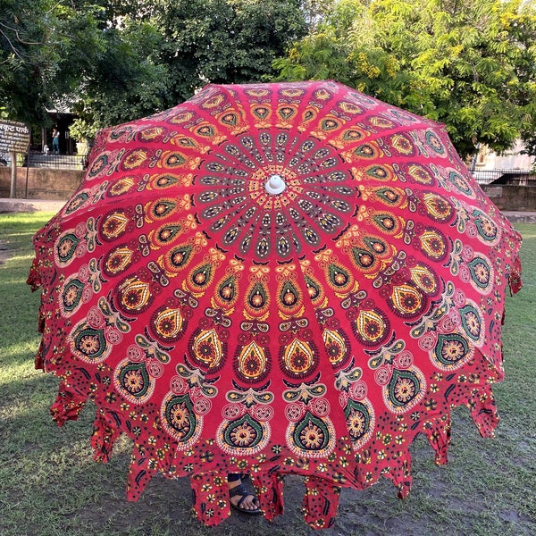 Indian Red Mandala Cotton Big Garden Umbrella, Home Decor Patio Umbrella, Sun Shade Beach Umbrella, Cotton Outdoor Luxury Umbrella Parasols