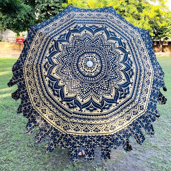 Indian Golden Printed Mandala Big Umbrella, Indian Handmade Cotton Garden Umbrella, Sun Shade Umbrella, Home Decor Patio Umbrella Parasols