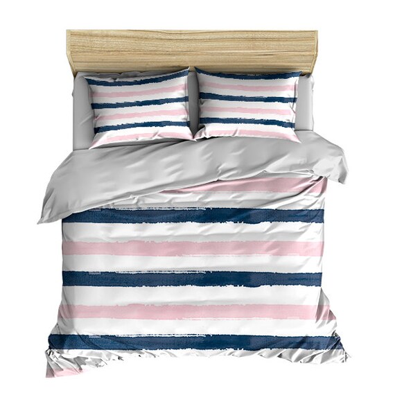 Navy Blue And Pink Brush Stripes Abstract Paint Design Bedding Etsy