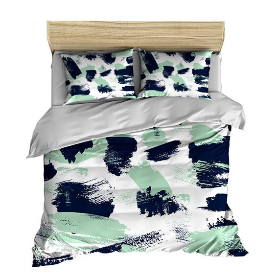 Navy Blue Mint Brushes Abstract Paint Design Bedding Comforter Navy Blue Mint Brushes Abstract Paint, Navy King Size Bedding