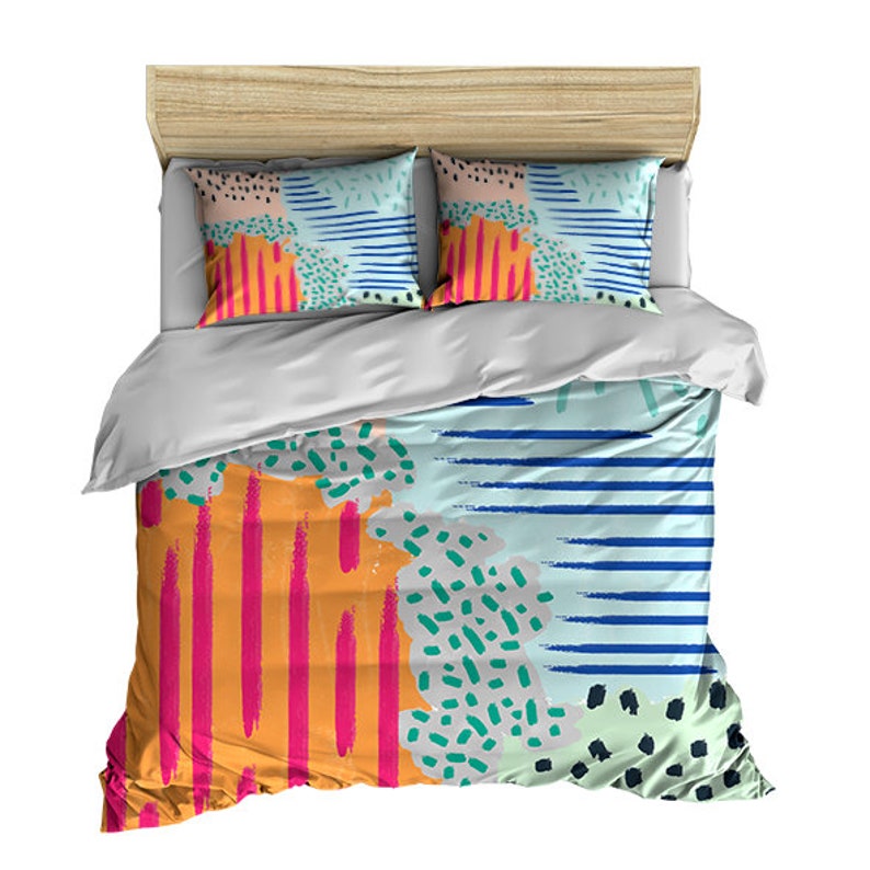 Teal Pink Orange Blue Colorful Abstract Bedding Comforter Duvet Cover Set Home Decor
