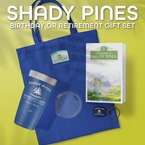 Golden Girls, Shady Pines - Welcome Birthday/Retirement Gift Set - Includes 20oz tumbler, keychain, tote bag with patch, and greeting card