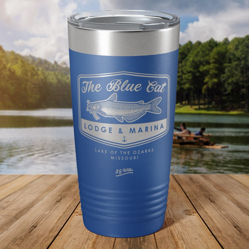 Ozark The Blue Cat Lodge and Marina Laser Etched Insulated Stainless Steel Tumbler 12 Colors & 3 Sizes Available image 1