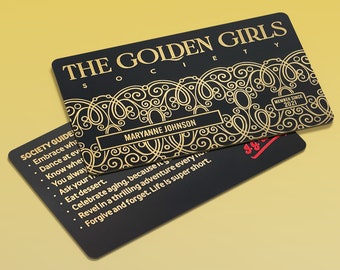 Golden Girls Society Birthday Card with Personalized Laser Etched Brass Plated Steel Membership Card