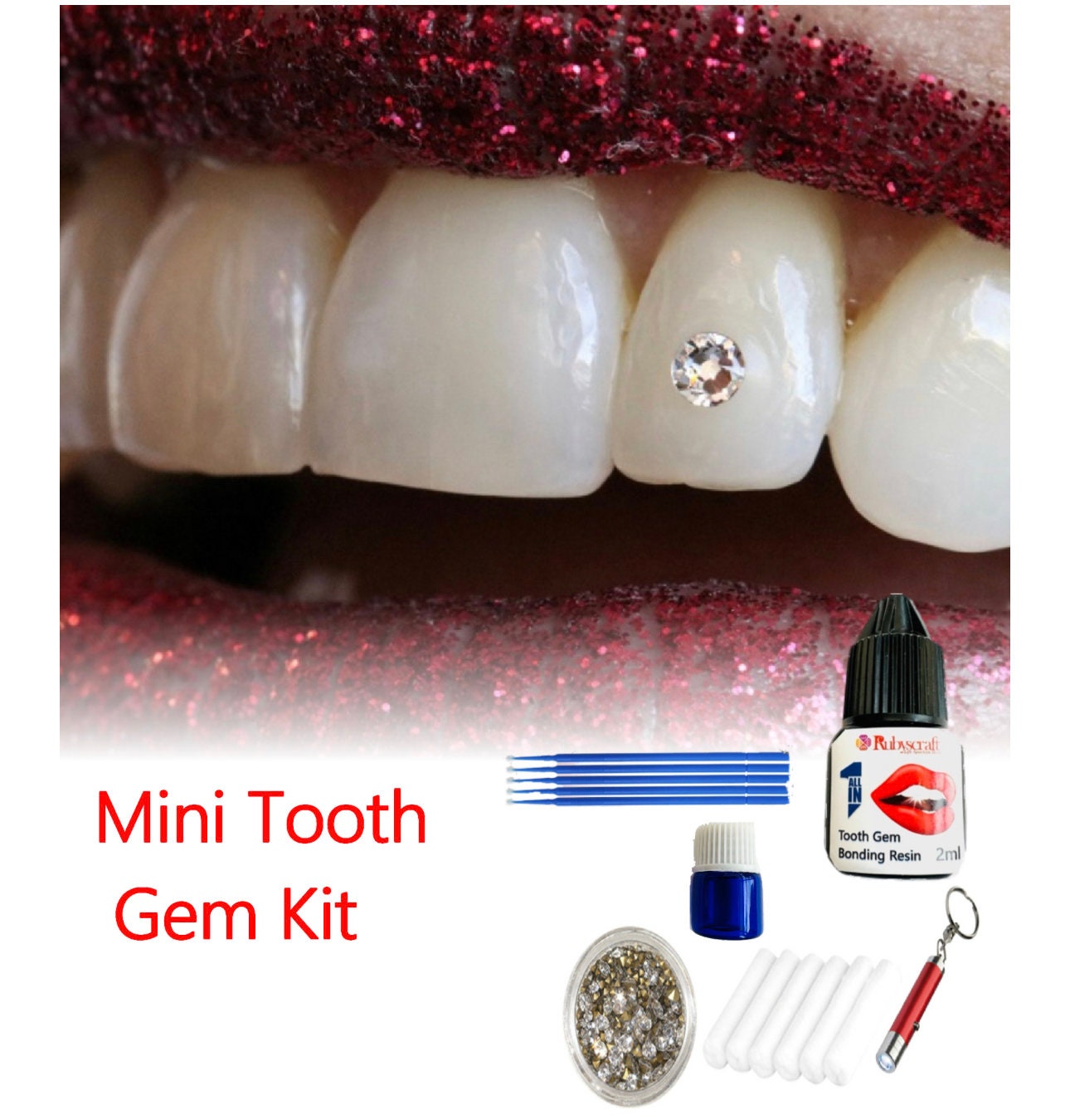 5x Tooth Gem Stones Top Quality Crystal Rhinestone Gems Glue & Cotton Rolls  Kit