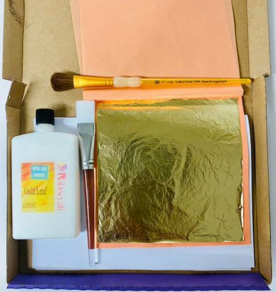 Rubyscraft® Basic Gold Leaf Kit 100ml Gilding Adhesive 25 Sheets Gold Leaf  2 High Quality Brushes Silver and Copper Kit Available 