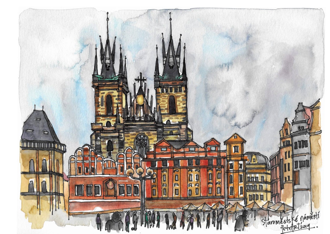 Prague Drawing Prague Watercolor Art Print From an Original Etsy