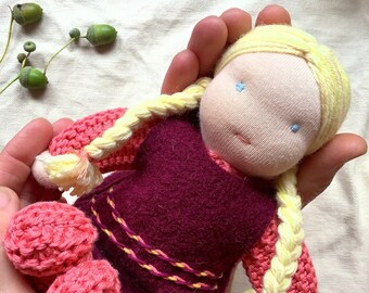Waldorf doll blonde hair. Knitted doll. Birthday present for girl. Eco friendly toy. First doll for toddler. Rag doll traditional toy.