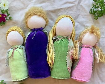Waldorf storytelling dolls, spring themed. Steiner Waldorf tabletop puppet family. Seasonal table dolls. Eco friendly gift for girl or boy