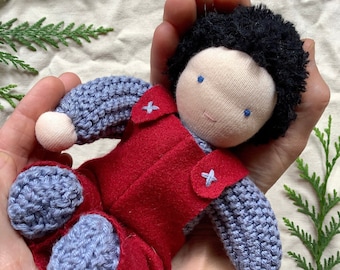 Waldorf doll boy, black hair, knitted doll , handmade birthday present for boy, soft toy for toddler, first dolly, natural eco friendly toy.