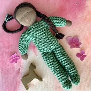 Waldorf doll, black doll, asian doll , handmade Waldorf soft toy, knitted Waldorf inspired doll, doll for toddler, eco-friendly natural toy image 3