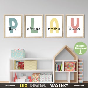 Juego de arte de pared para sala de juegos, impresiones digitales divertidas para niños, paquete de carteles Montessori, decoración de habitación infantil, letreros imprimibles para sala de juegos, descarga instantánea