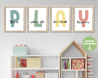 Ensemble d'art mural pour salle de jeux, impressions numériques amusantes pour enfants, lot d'affiches Montessori, décoration de chambre de bébé, enseignes imprimables de salle de jeux, téléchargement immédiat