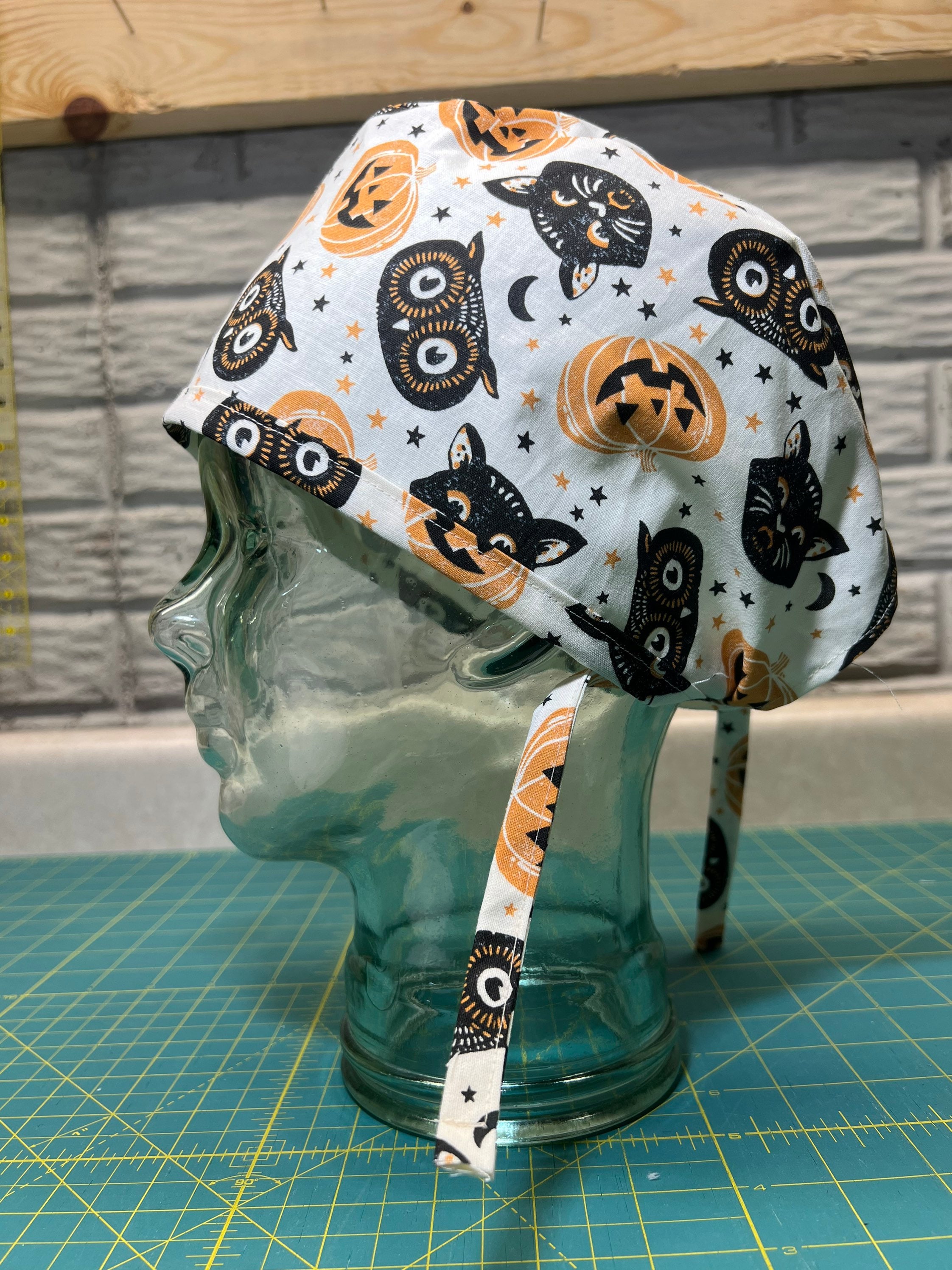 Scrub Cap with Ties - Halloween Cat, Owl, and Jack-O-Lantern