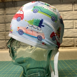 Scrub Cap with Ties - Christmas Cars
