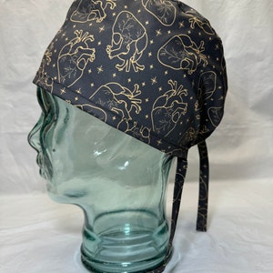 Scrub Cap with Ties - Black and Gold Anatomical Heart