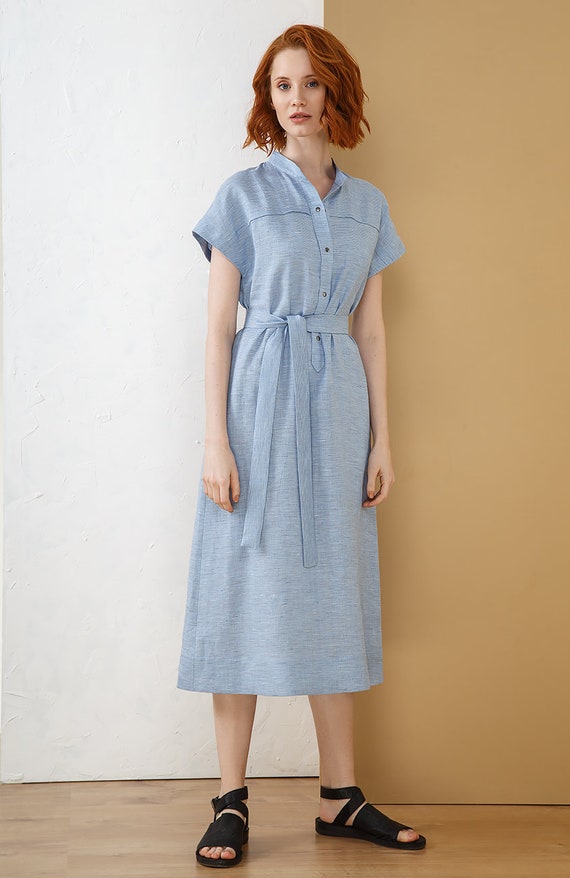 Blue Linen Shirtdress for Women Wrap Denim Linen Dress Etsy