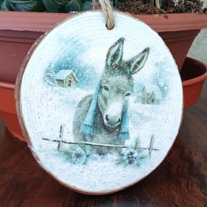 Donkey Wood Slice Ornament, Winter Scene Decoration, Sparkled Hanging Art