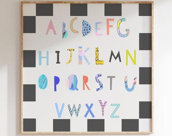 Colorful Alphabet Wall Art Print| Nursery Print with Checkered Border| ABC Kids Room Decor| Playroom Educational Poster| Nursery Print |L731
