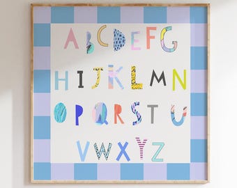 Colorful Alphabet Wall Art Print| Nursery Print with Checkered Border| ABC Kids Room Decor| Playroom Educational Poster| Nursery Print |L729