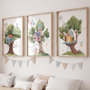 Set of 3 Whimsical Forest Neighborhood Wall Art | Tree Houses Art Print | Forest Joy Wall Print| Nursery Decor | Printable Art| L132