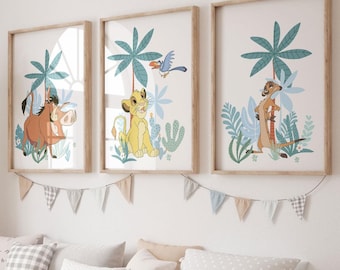 Set of 3 Simba and Friends Wall Art | Lion King Art Print | Simba Nursery Print| Simba Decor| Tropical Nursery Decor | Printable Art| L 136