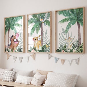 Juego de 3 impresiones de Simba y sus amigos para pared / Láminas de El Rey León / Láminas de Simba para habitación infantil / Decoración de Simba / Decoración tropical para habitación infantil / Arte imprimible / L 017