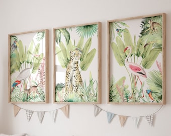 Ensemble de 3 décorations murales Forêt de la jungle | Impression d'art numérique animaux de la jungle | Impression murale jungle aquarelle | Décoration de chambre d'enfant | Art imprimable| L 031