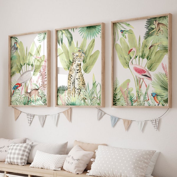 Set of 3 Jungle Forest Wall Art | Jungle Animals Digital Art Print | Watercolor Jungle Wall Print| Nursery Decor | Printable Art| L 031