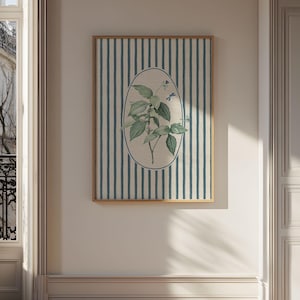 Impressão de parede de flor azul vintage | Impressão floral azul listrada | Arte de parede digital para download | Decoração de casa de campo | Decoração de berçário | Arte para impressão | L357