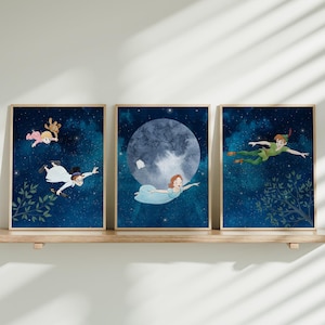May include: Three framed art prints depicting characters from Peter Pan. Each print has a dark blue starry background. One print shows Peter Pan, another shows Wendy, and the third shows Tinkerbell and a teddy bear. The prints are displayed on a wooden shelf.